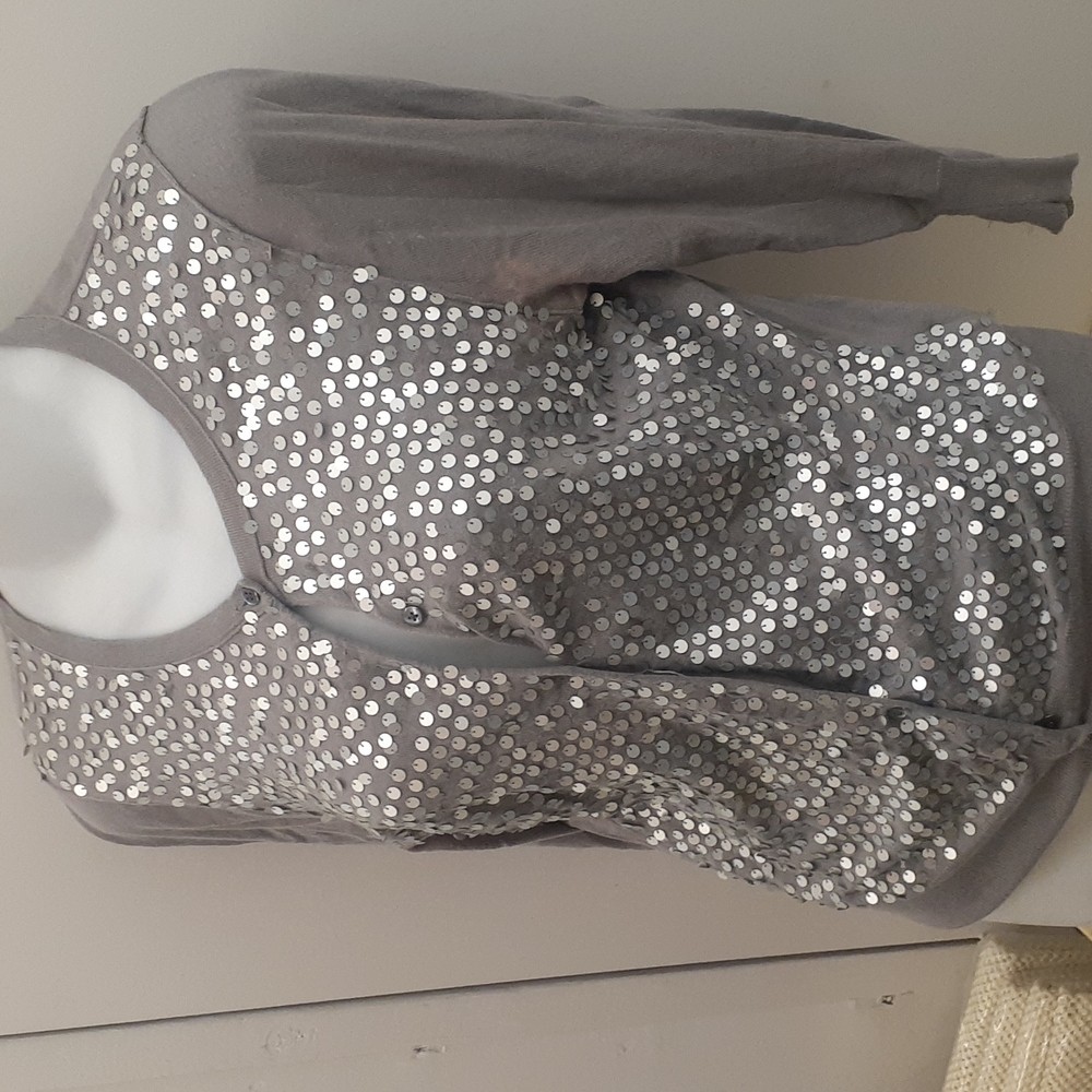 J. Crew Silver gray Sequin Cardigan sz S Silver Pewter metallic gray - Picture 3 of 5